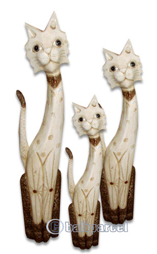 Wooden Cat Set Of 3 With Painted, Hand Carved From Albesia Wood