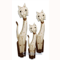 Wooden Cat Set Of 3 With Painted, Hand Carved From Albesia Wood