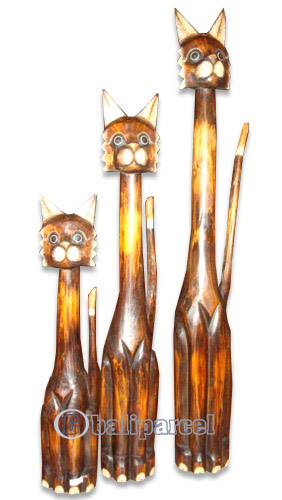 Wooden Cat Set Of 3 With Painted, Hand Carved From Albesia Wood