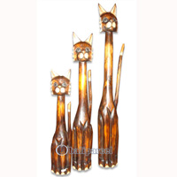 Wooden Cat Set Of 3 With Painted, Hand Carved From Albesia Wood
