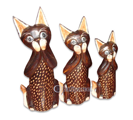 Wooden Cat Set Of 3 With Painted, Hand Carved From Albesia Wood