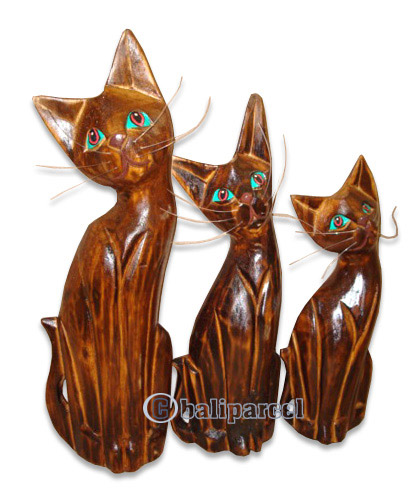 Wooden Cat Set Of 3 With Painted, Hand Carved From Albesia Wood