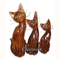 Wooden Cat Set Of 3 With Painted, Hand Carved From Albesia Wood