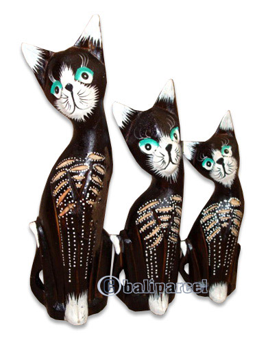 Wooden Cat Set Of 3 With Painted, Hand Carved From Albesia Wood