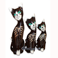 Wooden Cat Set Of 3 With Painted, Hand Carved From Albesia Wood