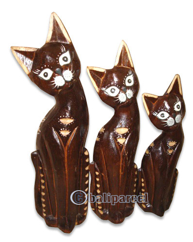 Wooden Cat Set Of 3 With Painted, Hand Carved From Albesia Wood