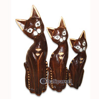 Wooden Cat Set Of 3 With Painted, Hand Carved From Albesia Wood