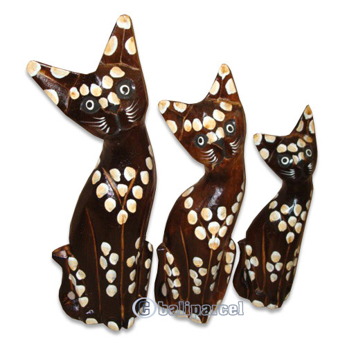 Wooden Cat Set Of 3 With Painted, Hand Carved From Albesia Wood