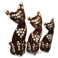 Wooden Cat Set Of 3 With Painted, Hand Carved From Albesia Wood