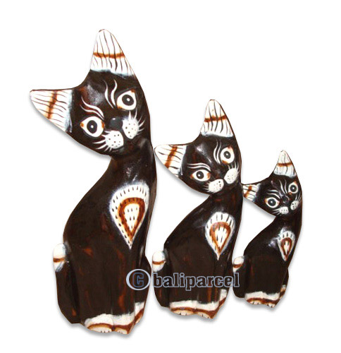 Wooden Cat Set Of 3 With Painted, Hand Carved From Albesia Wood