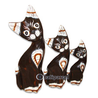 Wooden Cat Set Of 3 With Painted, Hand Carved From Albesia Wood