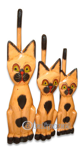 Wooden Cat Set Of 3 With Painted, Hand Carved From Albesia Wood
