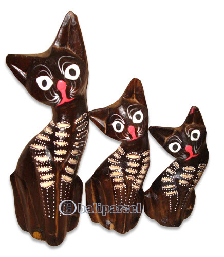 Wooden Cat Set Of 3 With Painted, Hand Carved From Albesia Wood