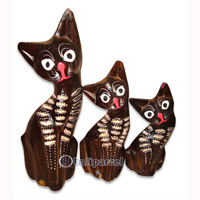 Wooden Cat Set Of 3 With Painted, Hand Carved From Albesia Wood