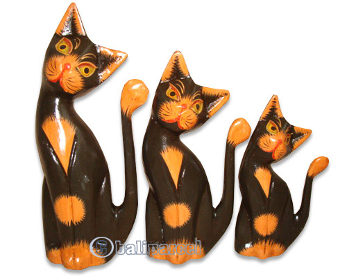 Wooden Cat Set Of 3 With Painted, Hand Carved From Albesia Wood