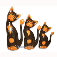Wooden Cat Set Of 3 With Painted, Hand Carved From Albesia Wood