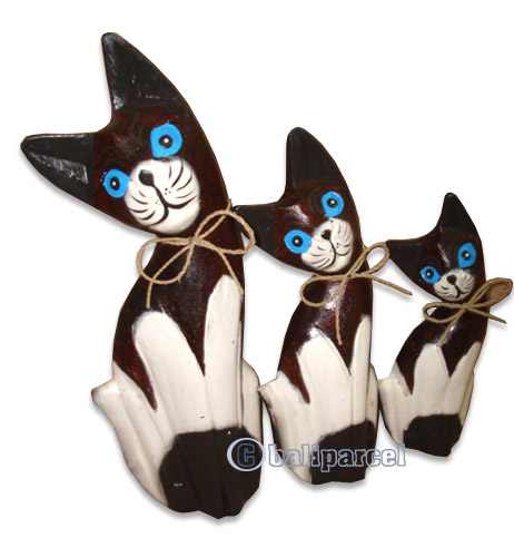 Wooden Cat Set Of 3 With Painted, Hand Carved From Albesia Wood