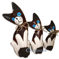 Wooden Cat Set Of 3 With Painted, Hand Carved From Albesia Wood