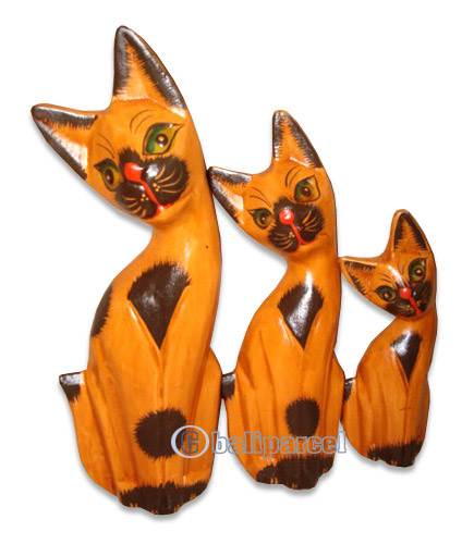 Wooden Cat Set Of 3 With Painted, Hand Carved From Albesia Wood