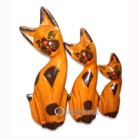Wooden Cat Set Of 3 With Painted, Hand Carved From Albesia Wood