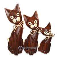 Wooden Cat Set Of 3 With Painted, Hand Carved From Albesia Wood