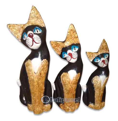 Wooden Cat Set Of 3 With Painted, Hand Carved From Albesia Wood