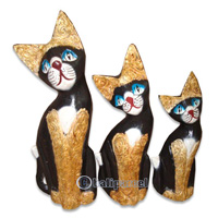 Wooden Cat Set Of 3 With Painted, Hand Carved From Albesia Wood