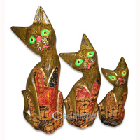 Wooden Cat Set Of 3 With Painted, Hand Carved From Albesia Wood