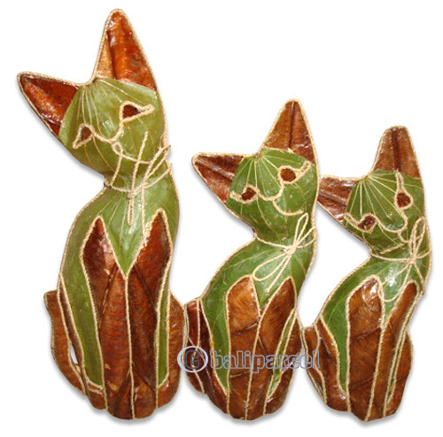 Wooden Cat Set Of 3 With Painted, Hand Carved From Albesia Wood