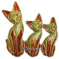 Wooden Cat Set Of 3 With Painted, Hand Carved From Albesia Wood