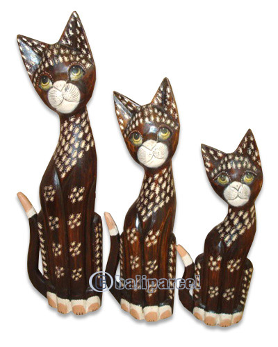 Wooden Cat Set Of 3 With Painted, Hand Carved From Albesia Wood