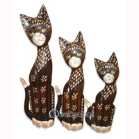 Wooden Cat Set Of 3 With Painted, Hand Carved From Albesia Wood
