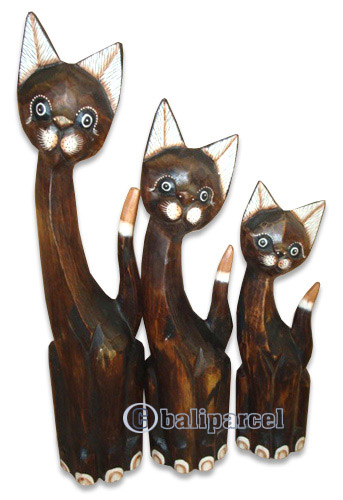 Wooden Cat Set Of 3 With Painted, Hand Carved From Albesia Wood