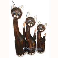 Wooden Cat Set Of 3 With Painted, Hand Carved From Albesia Wood