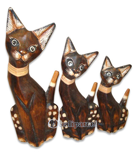 Wooden Cat Set Of 3 With Painted, Hand Carved From Albesia Wood