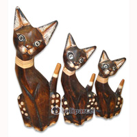Wooden Cat Set Of 3 With Painted, Hand Carved From Albesia Wood