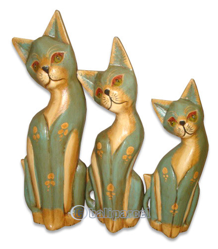 Wooden Cat Set Of 3 With Painted, Hand Carved From Albesia Wood