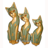 Wooden Cat Set Of 3 With Painted, Hand Carved From Albesia Wood