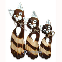 Wooden Cat Set Of 3 With Painted, Hand Carved From Albesia Wood
