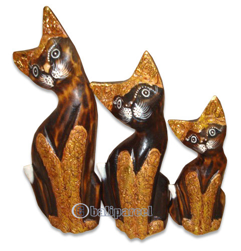 Wooden Cat Set Of 3 With Painted, Hand Carved From Albesia Wood
