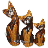 Wooden Cat Set Of 3 With Painted, Hand Carved From Albesia Wood