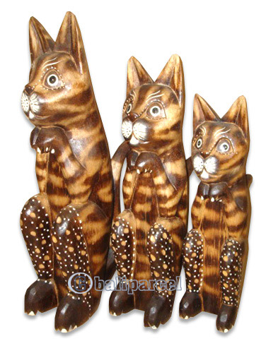 Wooden Cat Set Of 3 With Painted, Hand Carved From Albesia Wood