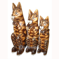 Wooden Cat Set Of 3 With Painted, Hand Carved From Albesia Wood