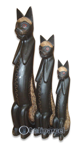 Wooden Cat Set Of 3 With Painted, Hand Carved From Albesia Wood