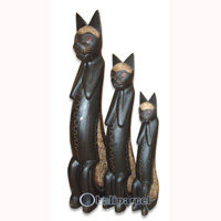 Wooden Cat Set Of 3 With Painted, Hand Carved From Albesia Wood