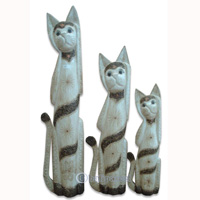 Wooden Cat Set Of 3 With Painted, Hand Carved From Albesia Wood