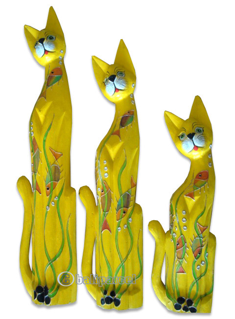 Wooden Cat Set Of 3 With Painted, Hand Carved From Albesia Wood