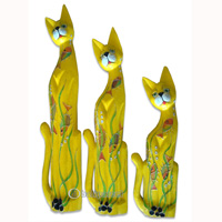 Wooden Cat Set Of 3 With Painted, Hand Carved From Albesia Wood