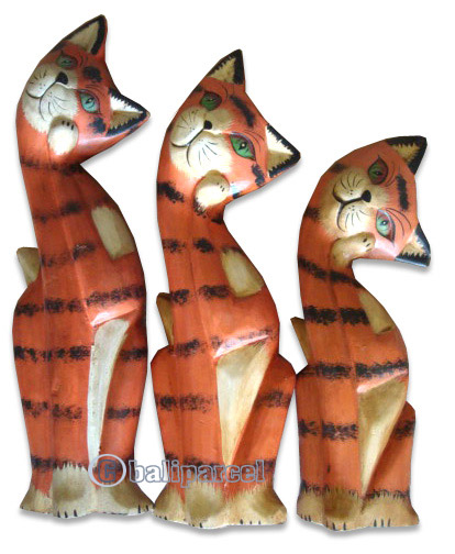 Wooden Cat Set Of 3 With Painted, Hand Carved From Albesia Wood