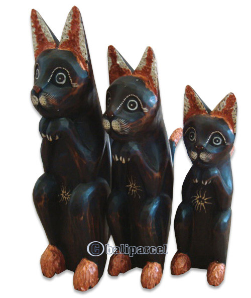 Wooden Cat Set Of 3 With Painted, Hand Carved From Albesia Wood